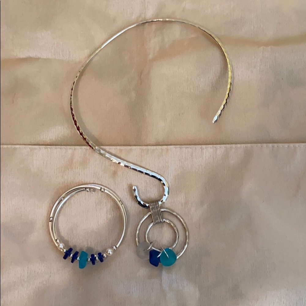 Silver sea glass necklace and bracelet set